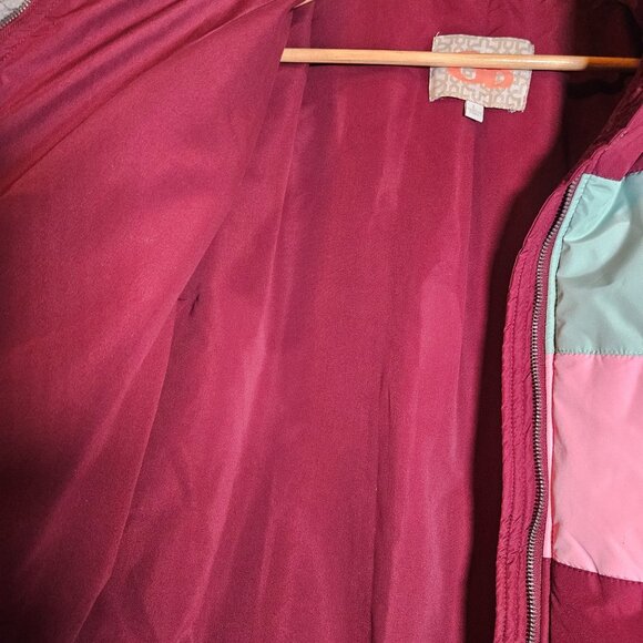 Gianni Bini Colorblock Puffer Coat L Burgundy Pink Mint Y2K Après-Ski Streetwear - Picture 7 of 10
